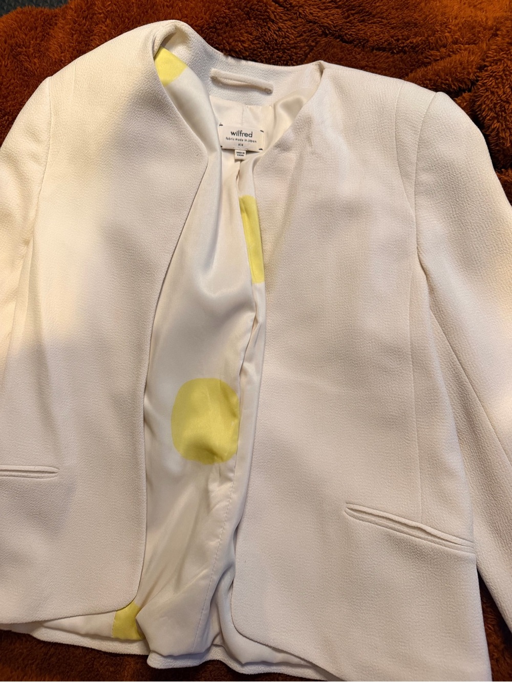 Wilfred Cream Collarless Blazer with Yellow Lining Dots